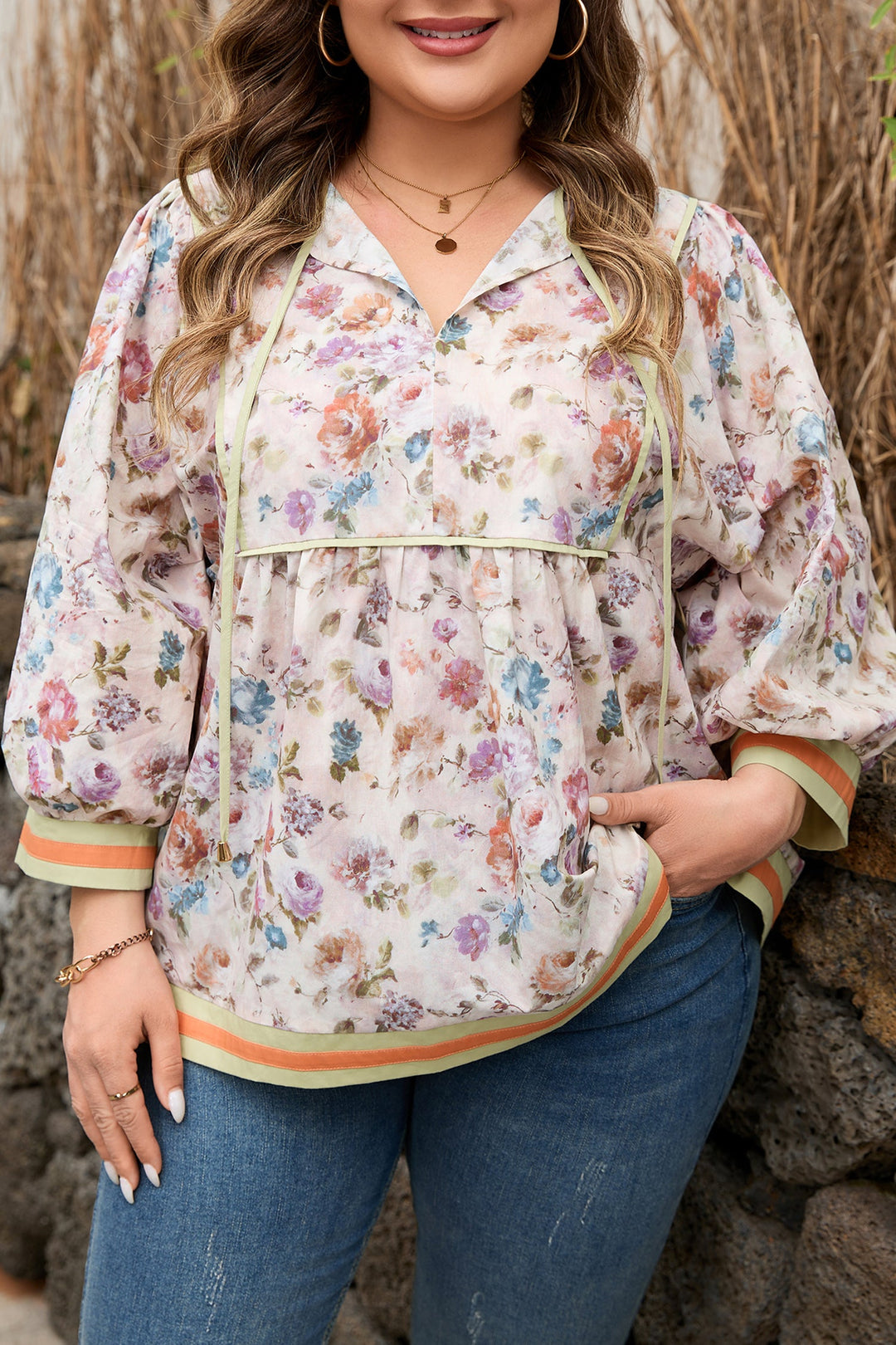 Andi Striped Detail Babydoll PLUS Blouse