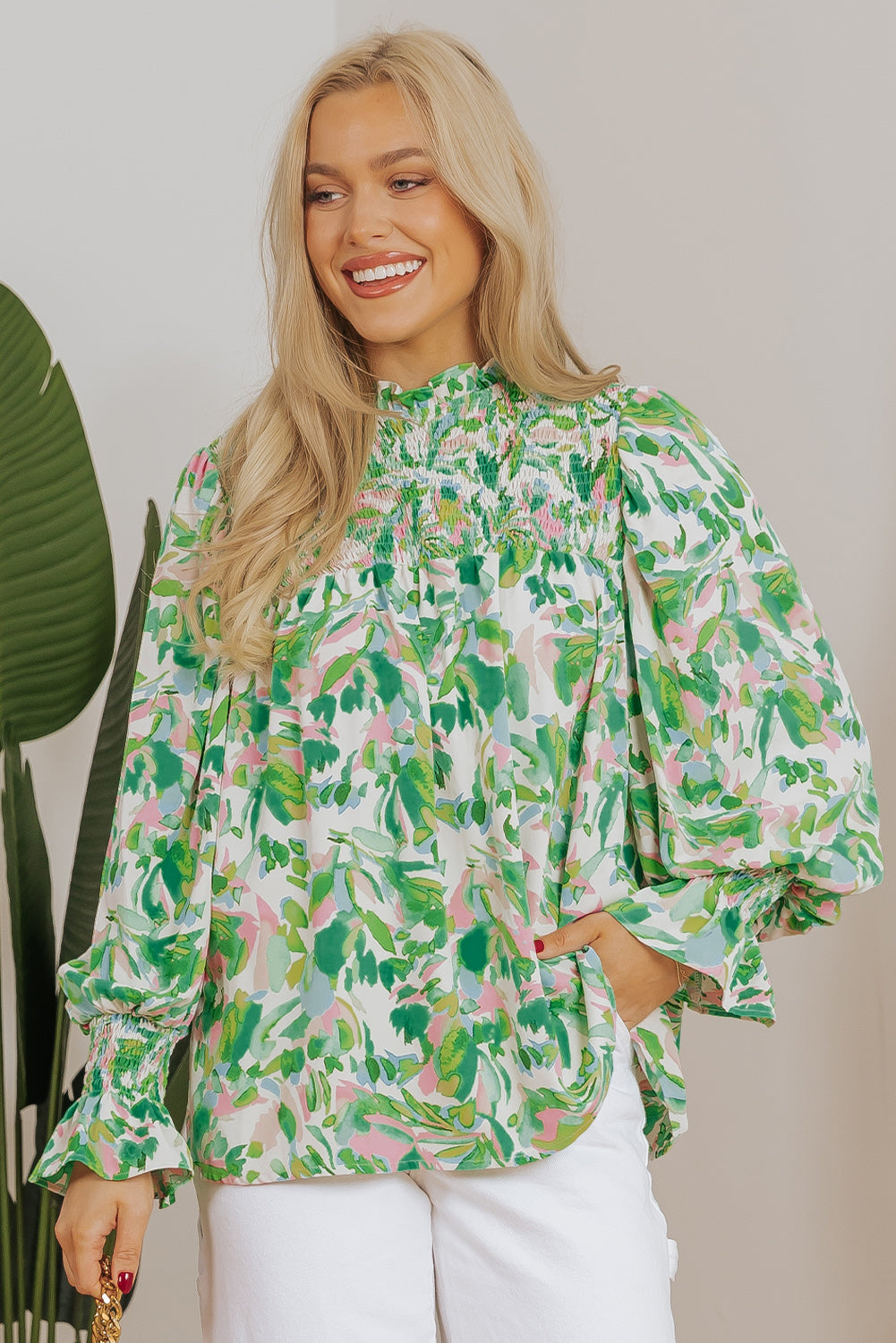 Milena Sleeve Shirred Mock Blouse