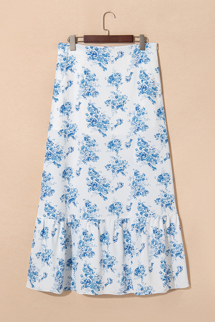 Salma Boho Floral High Waist Ruffle Split Maxi Skirt