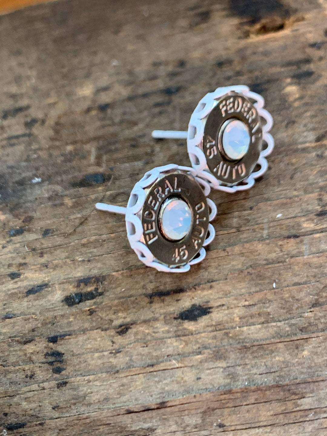 45 Auto Bullet Earrings with White Setting and Opal Crystals