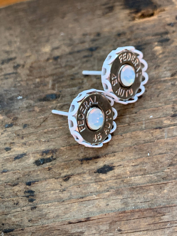 45 Auto Bullet Earrings with White Setting and Opal Crystals