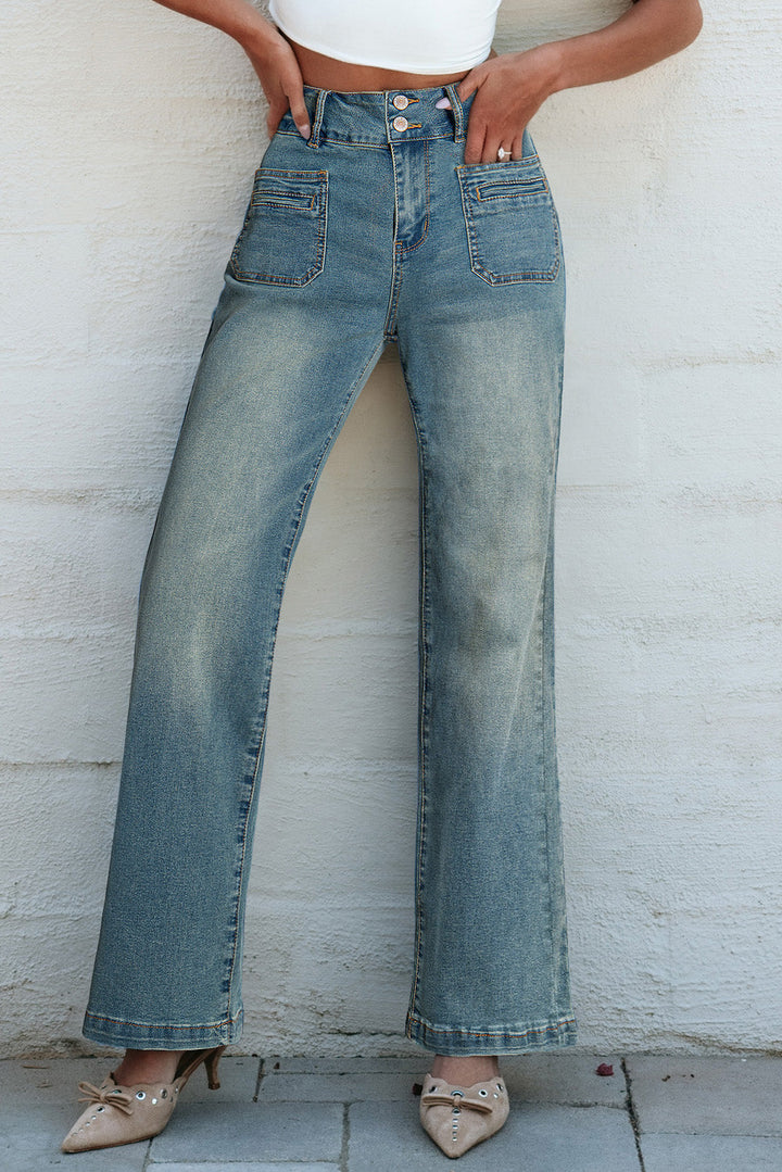 Amyra Double Button Patch Pocket Flare Leg Jeans