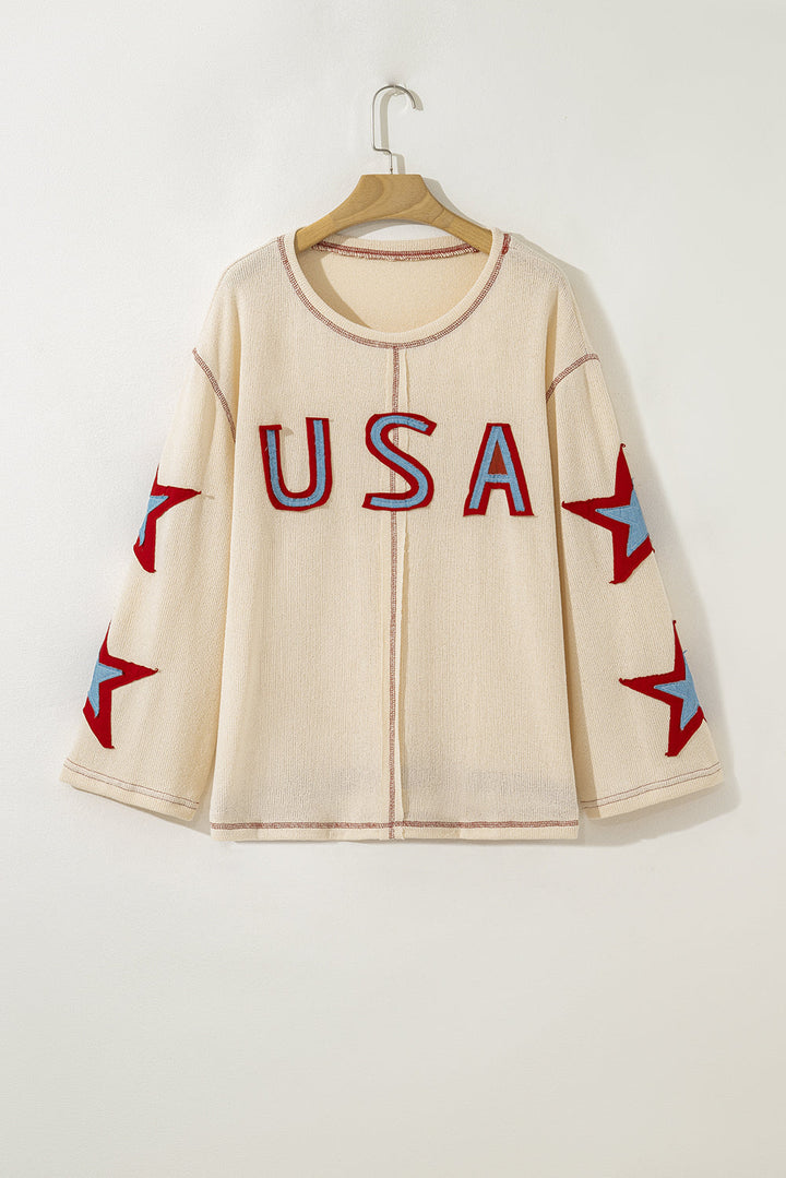 USA Patchwork Exposed Seam Long Sleeve Top