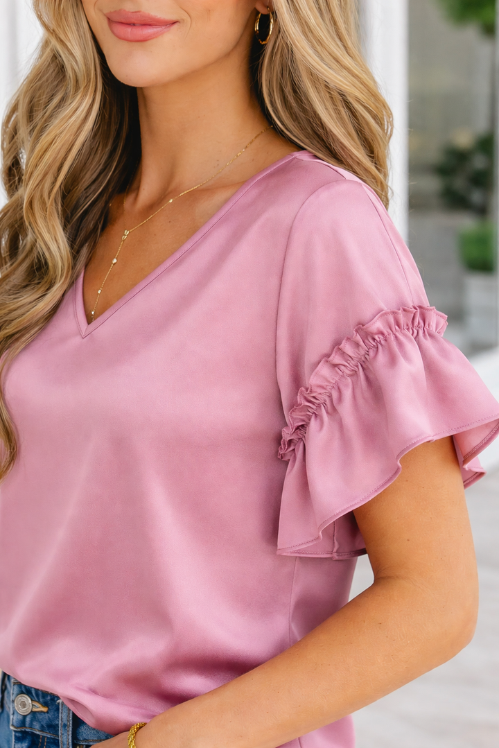 Ruth Satin Ruffle Sleeve Top