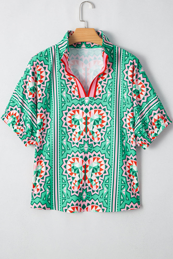 Kamiyah Boho Abstract Striped Collared V Neck Blouse