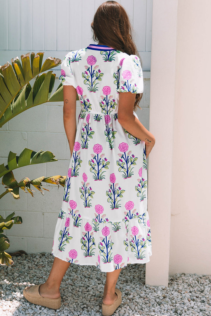 Julietta Floral Puff Short Sleeve V Neck High Waist Maxi Dress