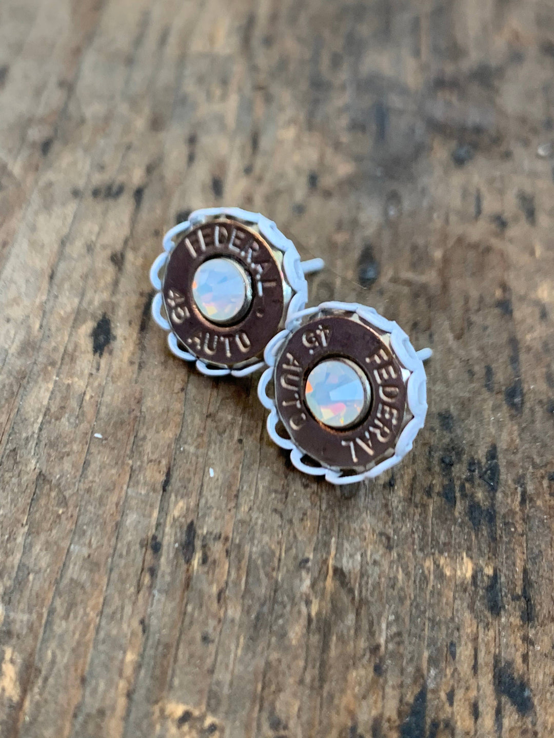 45 Auto Bullet Earrings with White Setting and Opal Crystals