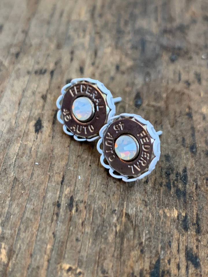 45 Auto Bullet Earrings with White Setting and Opal Crystals
