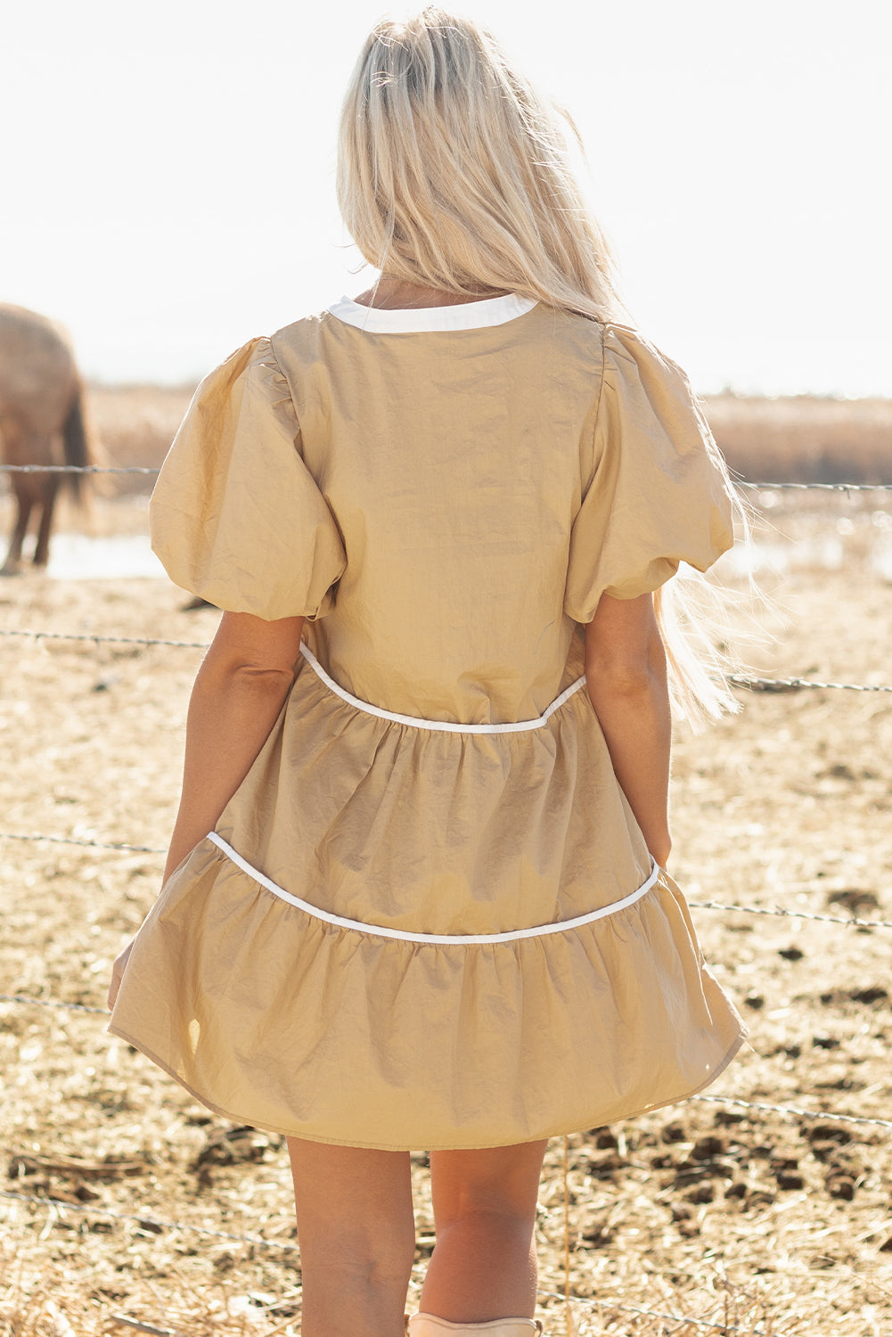 Waverly Pintuck Puff Sleeve Tied Neck Short Dress