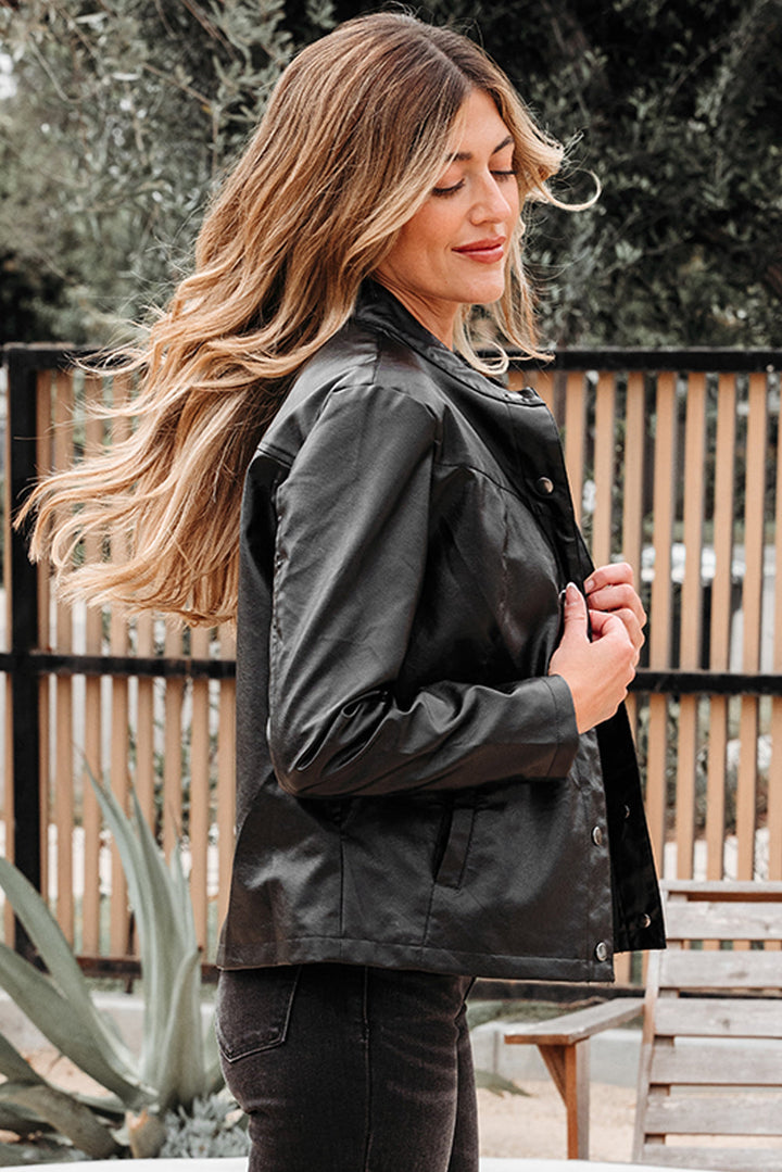Olive Faux Leather Buttoned Front Boxy Jacket