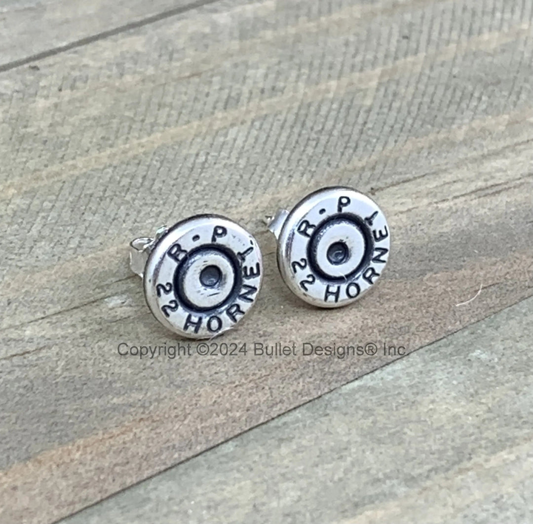 Rugged Bullet Stud Earrings / 22 Hornet Antique Silver Bullet Head / Sterling Earrings/ Sterling Studs Earrings/ Black lettering