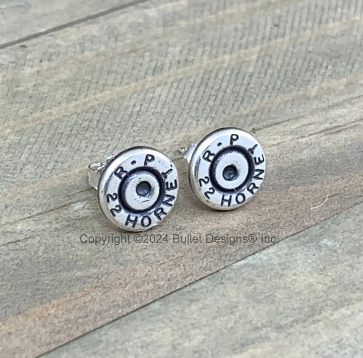 Rugged Bullet Stud Earrings / 22 Hornet Antique Silver Bullet Head / Sterling Earrings/ Sterling Studs Earrings/ Black lettering