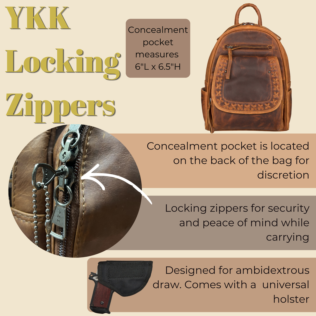 Concealed Carry RFID Daisy Leather Backpack for Women — CCW Backpack Purse with RFID Protection and Locking Gun Compartment