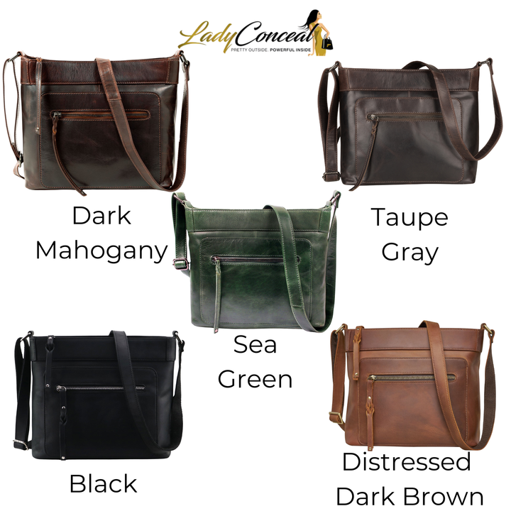 Delaney Concealed Carry Crossbody — Full-Grain Leather Purse with Ambidextrous YKK Locking Zippers & Universal Holster