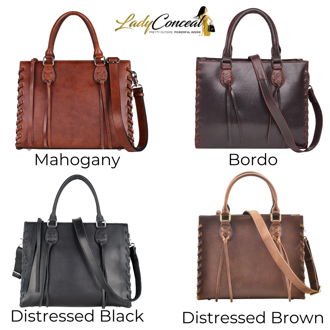 Concealed Carry Emma Leather Satchel — Spacious CCW Purse with Hidden Gun Compartment and Locking Zipper