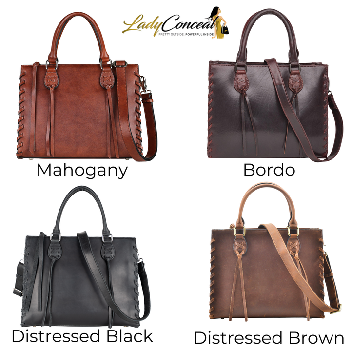 Concealed Carry Emma Leather Satchel — Spacious CCW Purse with Hidden Gun Compartment and Locking Zipper