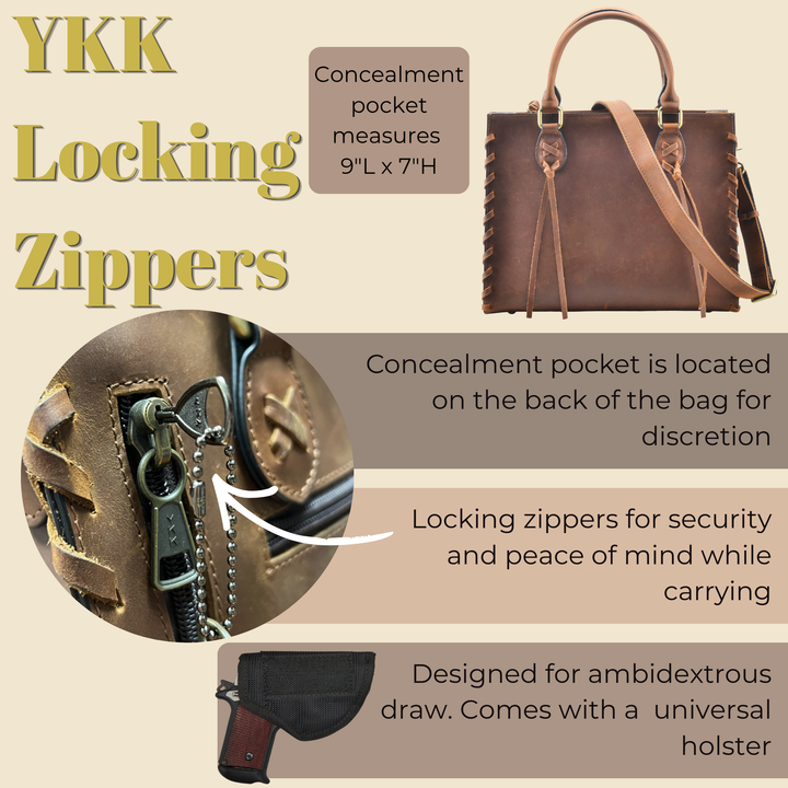 Concealed Carry Emma Leather Satchel — Spacious CCW Purse with Hidden Gun Compartment and Locking Zipper