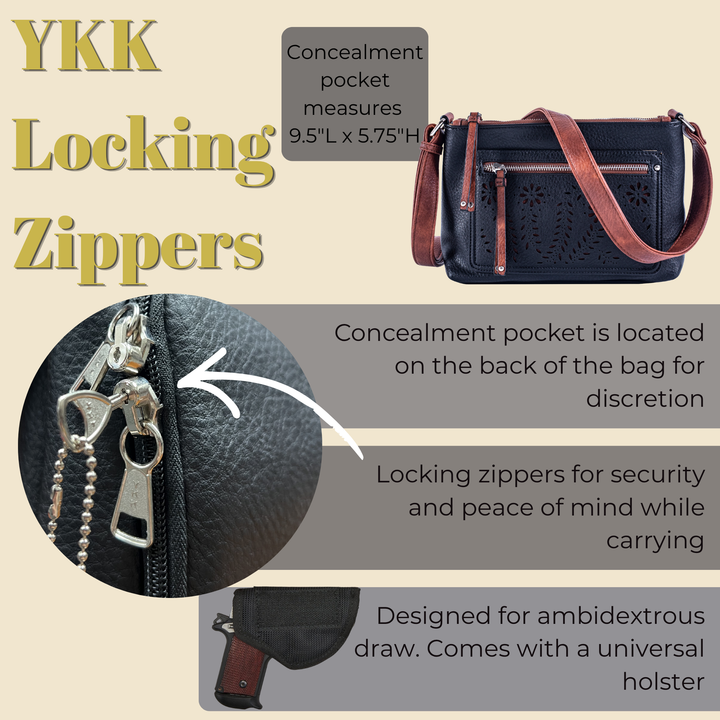 Hailey Concealed Carry Crossbody — Faux Leather Purse with Laser-Cut Detailing, Ambidextrous Locking Zippers & Universal Holster