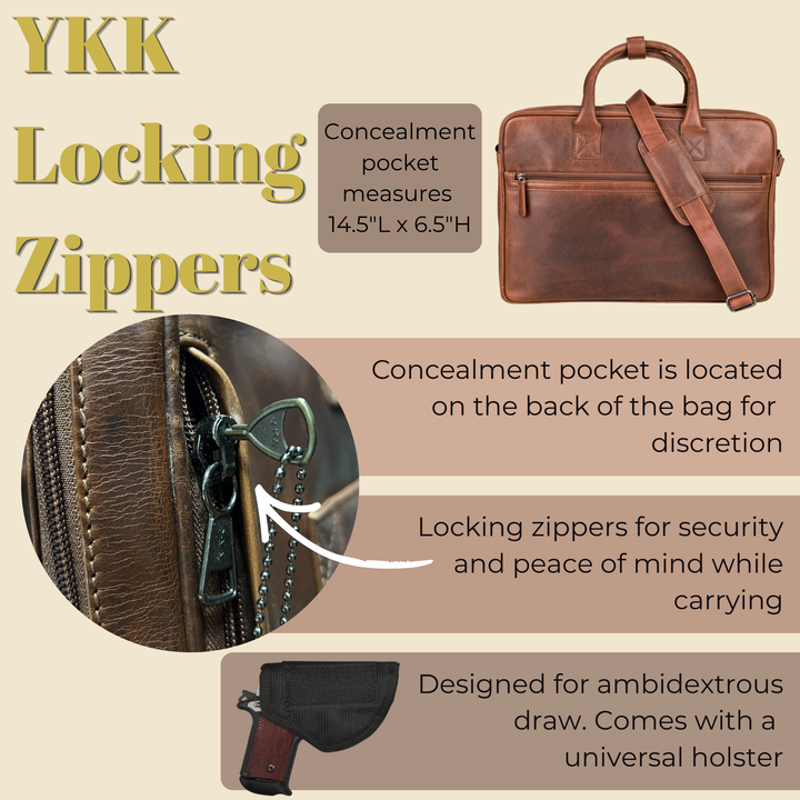 Concealed Carry Hayden Leather Computer Briefcase with RFID Organizer by Lady Conceal — Large CCW Bag Preferred by Men, Fits Laptops & Full-Size Handguns