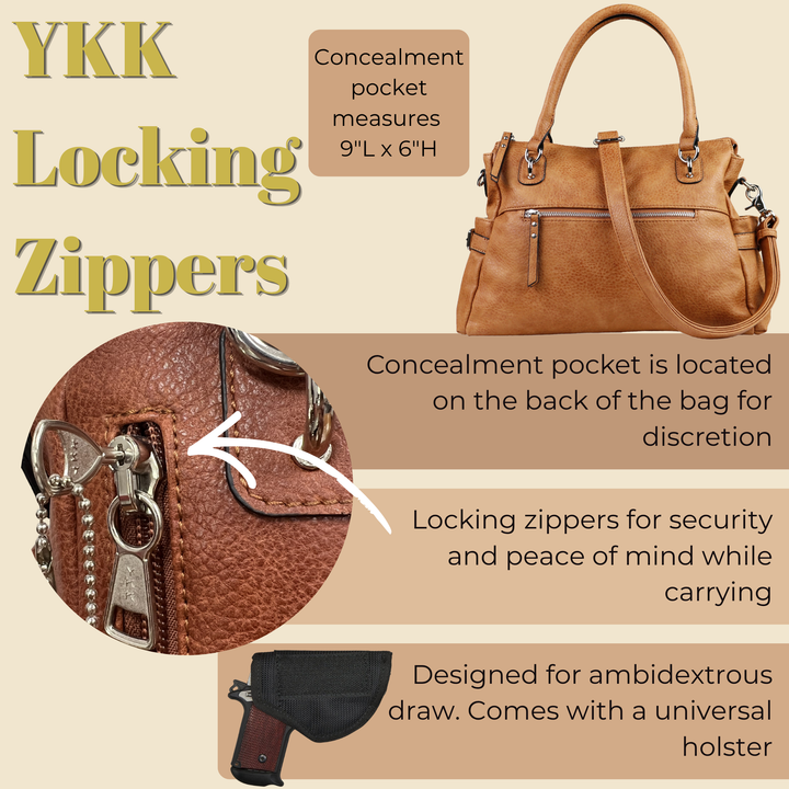 Concealed Carry Jessica Satchel by Lady Conceal — Women's Vegan Leather CCW Purse with Hidden Gun Compartment & YKK Locking Zipper