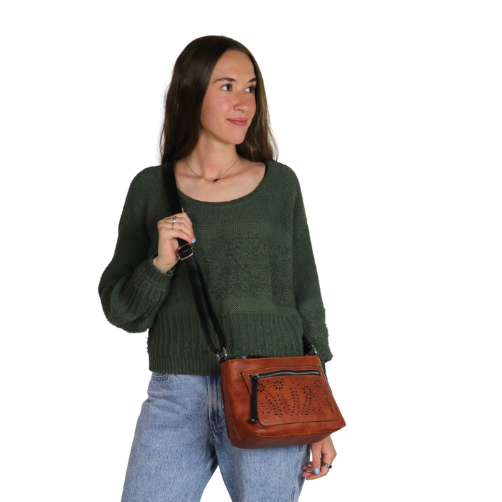 Hailey Concealed Carry Crossbody — Faux Leather Purse with Laser-Cut Detailing, Ambidextrous Locking Zippers & Universal Holster