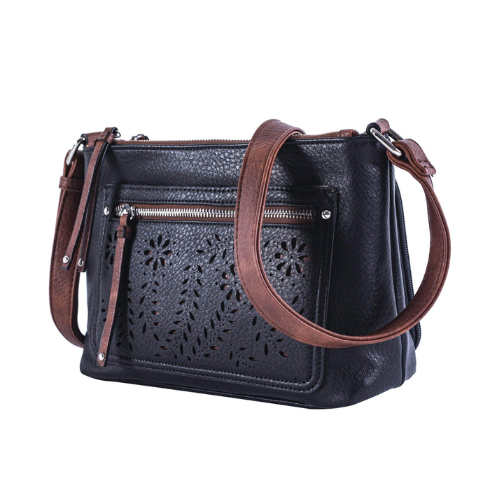 Hailey Concealed Carry Crossbody — Faux Leather Purse with Laser-Cut Detailing, Ambidextrous Locking Zippers & Universal Holster