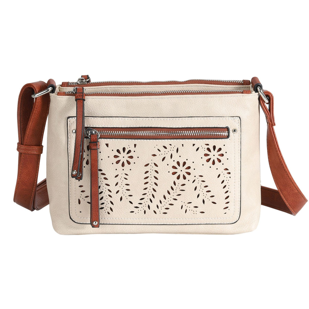 Hailey Concealed Carry Crossbody — Faux Leather Purse with Laser-Cut Detailing, Ambidextrous Locking Zippers & Universal Holster
