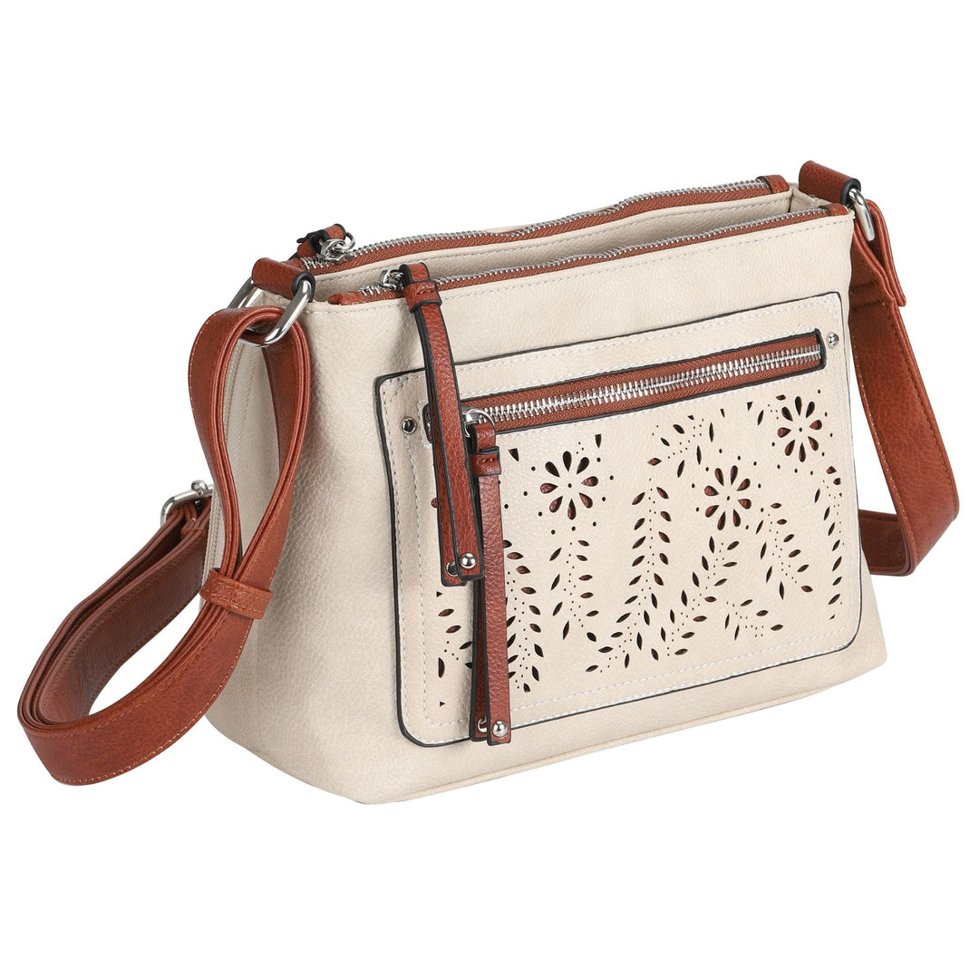 Hailey Concealed Carry Crossbody — Faux Leather Purse with Laser-Cut Detailing, Ambidextrous Locking Zippers & Universal Holster
