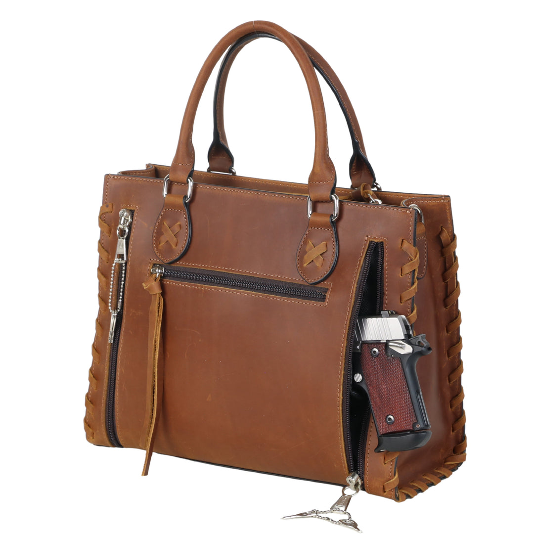 Concealed Carry Emma Leather Satchel — Spacious CCW Purse with Hidden Gun Compartment and Locking Zipper