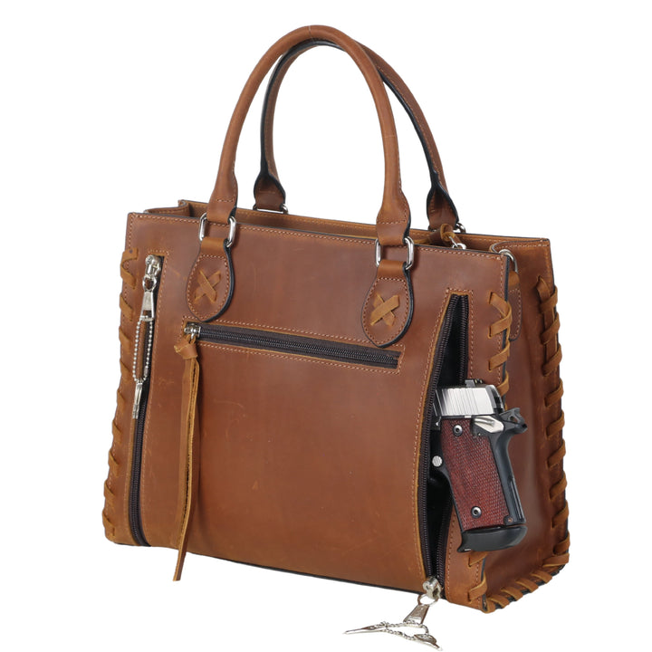 Concealed Carry Emma Leather Satchel — Spacious CCW Purse with Hidden Gun Compartment and Locking Zipper