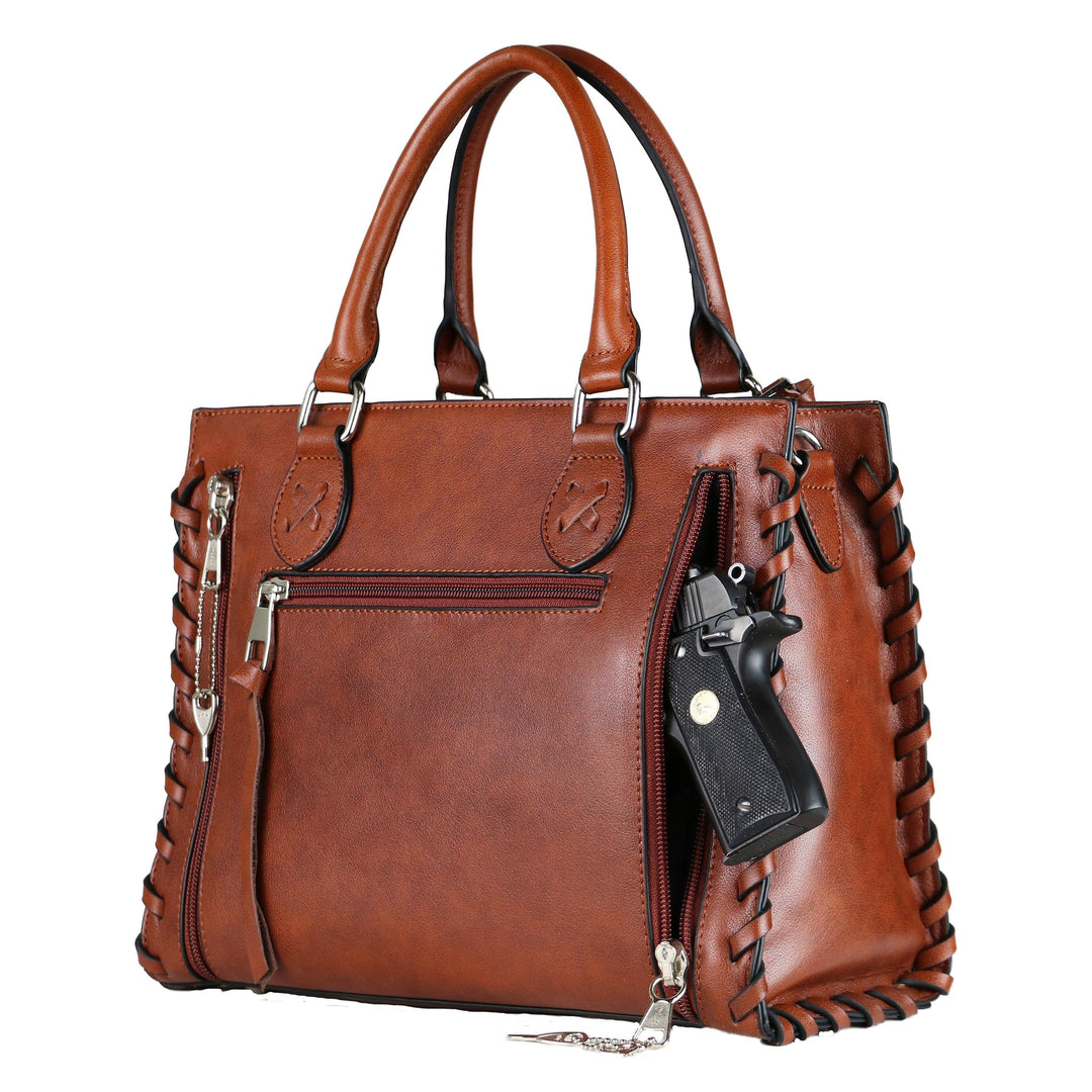 Concealed Carry Emma Leather Satchel — Spacious CCW Purse with Hidden Gun Compartment and Locking Zipper