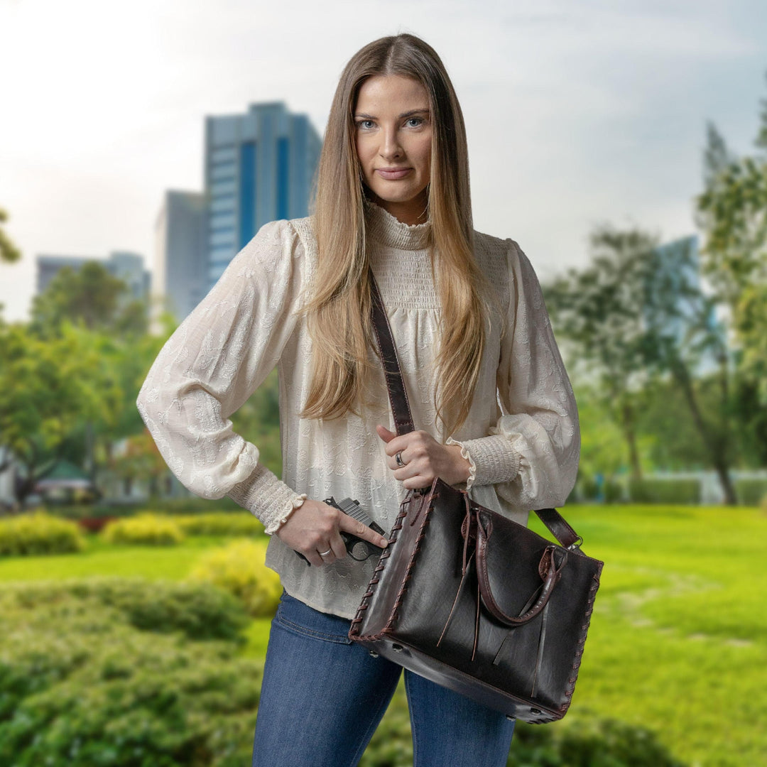Concealed Carry Emma Leather Satchel — Spacious CCW Purse with Hidden Gun Compartment and Locking Zipper