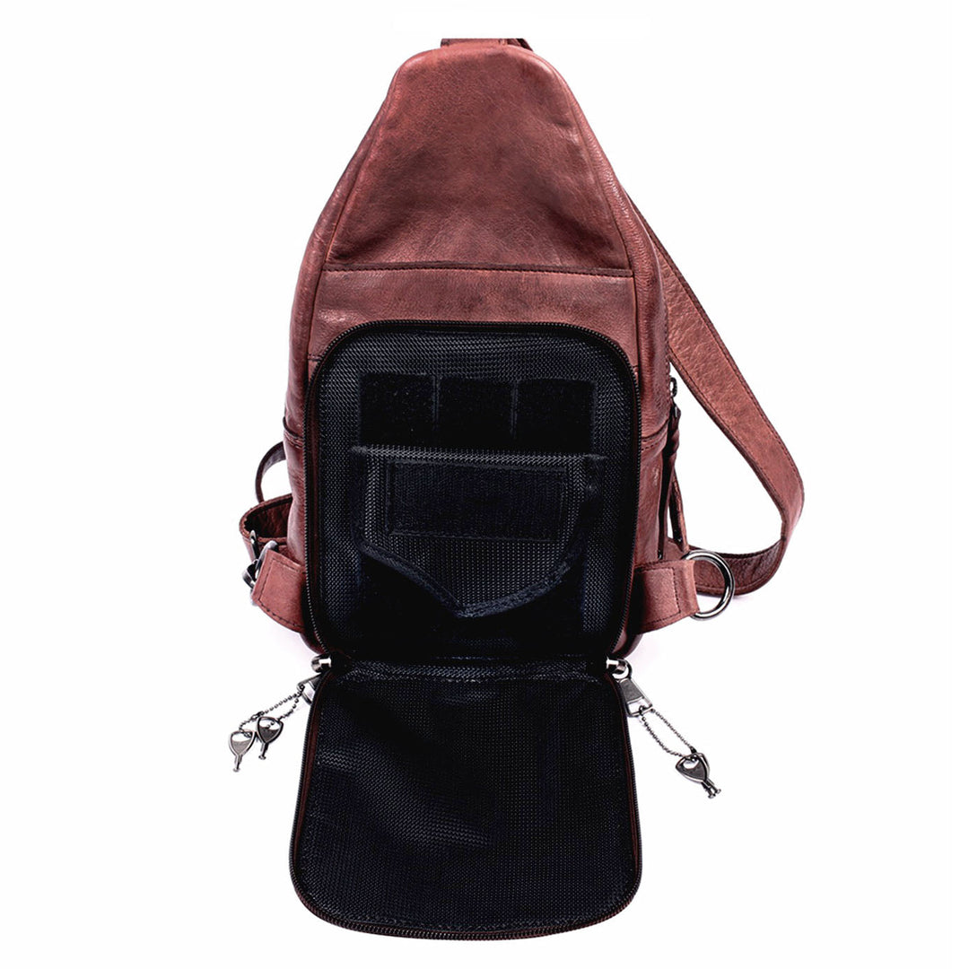 Concealed Carry Unisex Taylor Leather Sling Backpack Sling for Women — Ambidextrous CCW Bag with Universal Holster