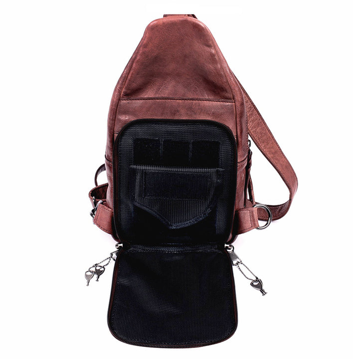Concealed Carry Unisex Taylor Leather Sling Backpack Sling for Women — Ambidextrous CCW Bag with Universal Holster
