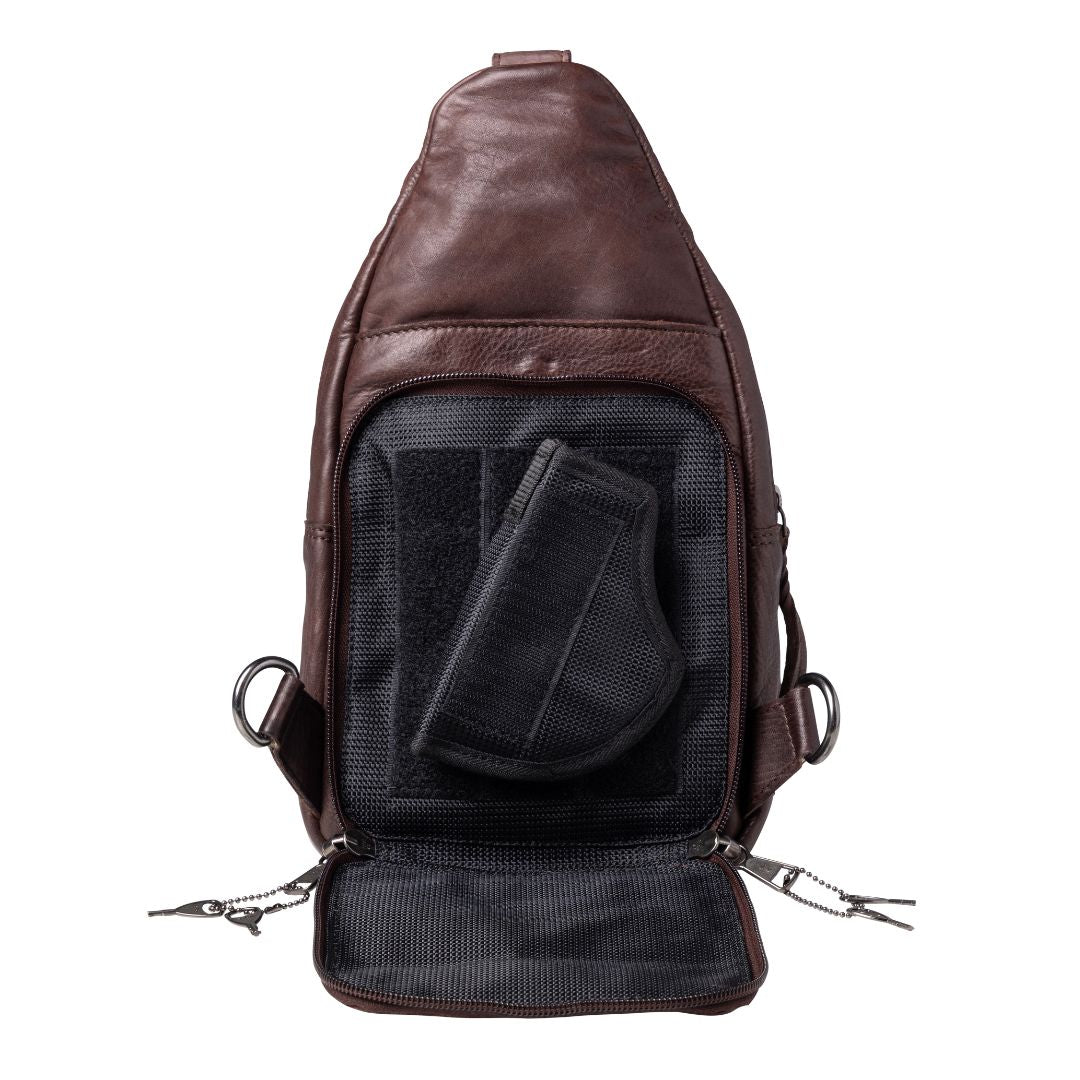 Concealed Carry Unisex Taylor Leather Sling Backpack Sling for Women — Ambidextrous CCW Bag with Universal Holster