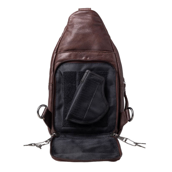 Concealed Carry Unisex Taylor Leather Sling Backpack Sling for Women — Ambidextrous CCW Bag with Universal Holster