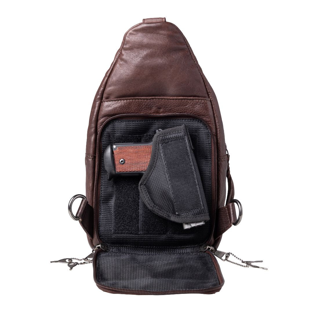 Concealed Carry Unisex Taylor Leather Sling Backpack Sling for Women — Ambidextrous CCW Bag with Universal Holster