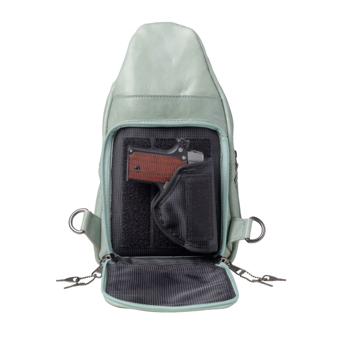 Concealed Carry Haven Sling Leather Backpack by Lady Conceal