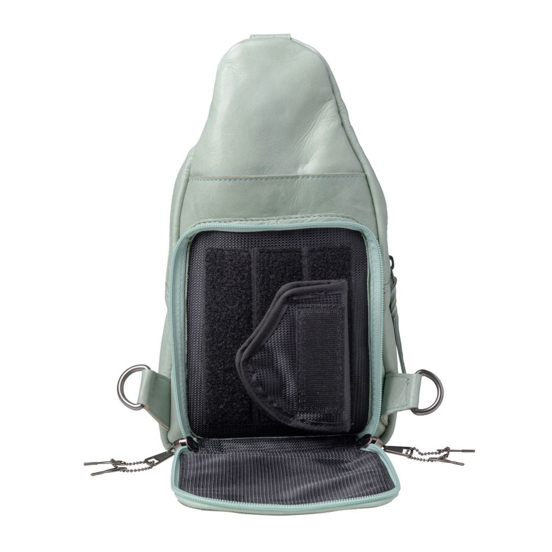 Concealed Carry Haven Sling Leather Backpack by Lady Conceal