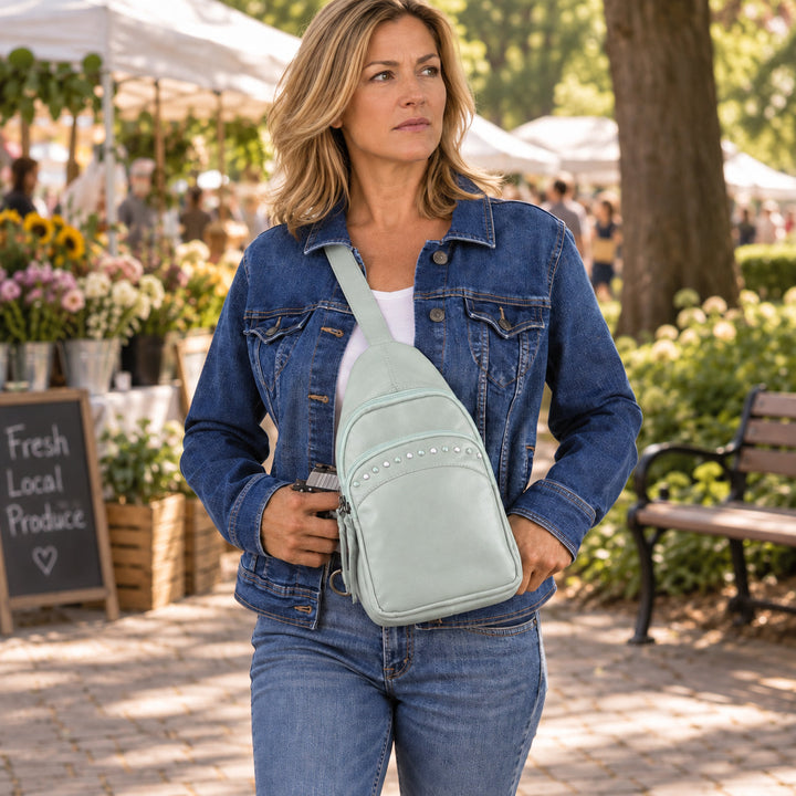 Concealed Carry Haven Sling Leather Backpack by Lady Conceal