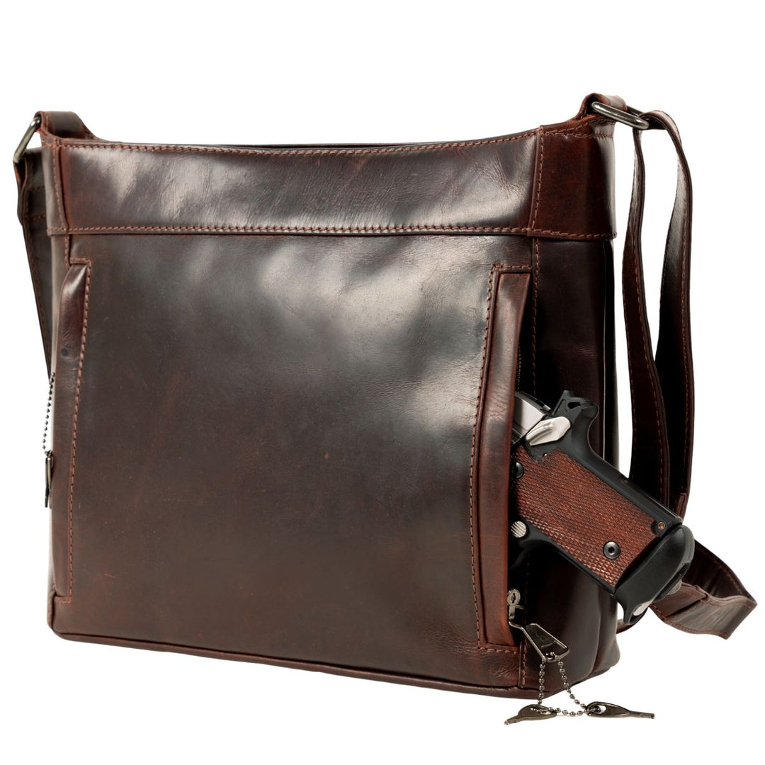 Delaney Concealed Carry Crossbody — Full-Grain Leather Purse with Ambidextrous YKK Locking Zippers & Universal Holster