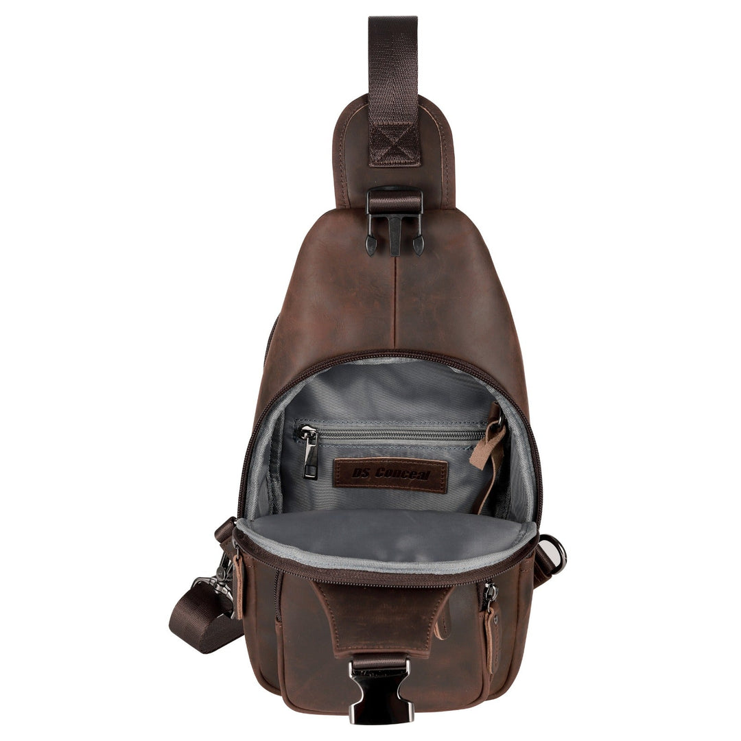 Concealed Carry Xander Leather Sling by DS Conceal — Unisex CCW Sling Bag with YKK Locking Zipper, Universal Holster & Rapid Draw Access
