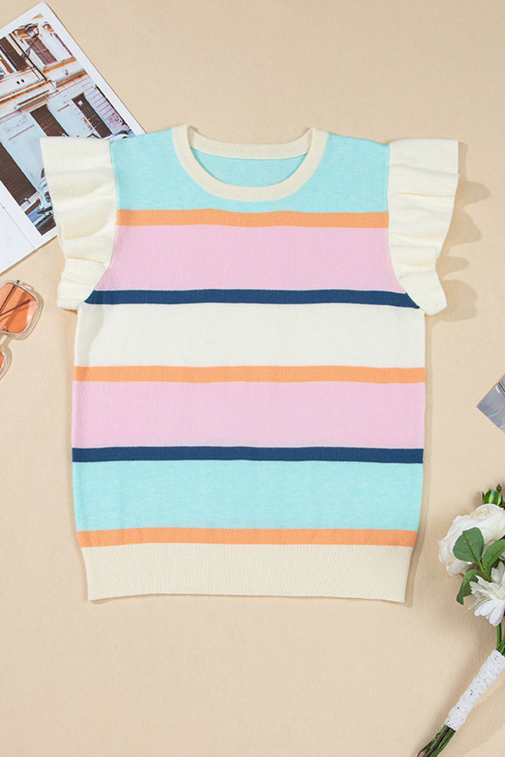 Yasmin Striped Flutter Sleeve Patchwork Top