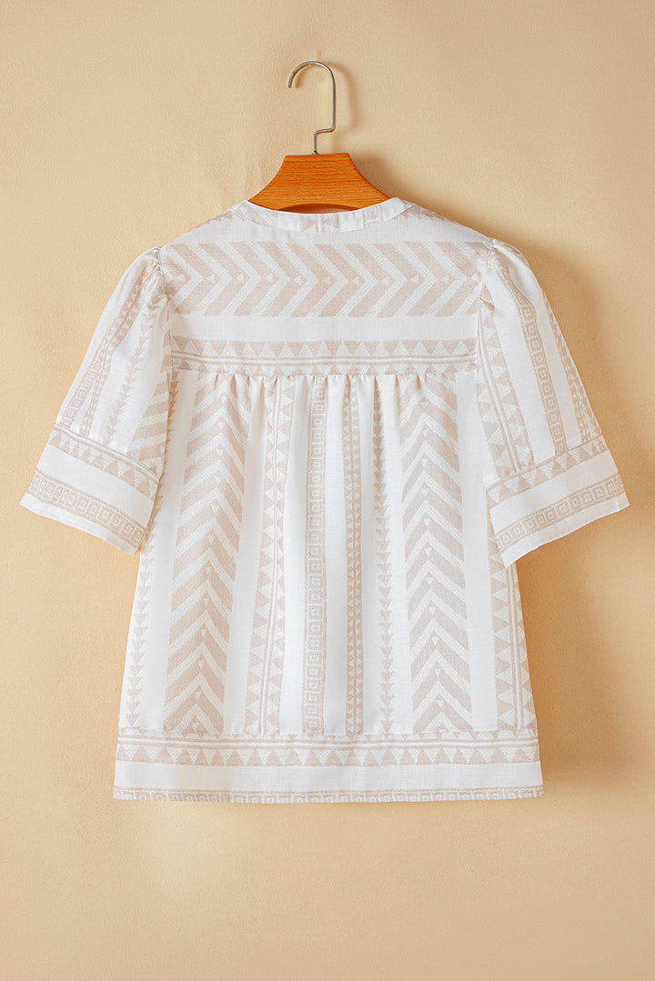 Analia Jacquard Split V Neck Short Sleeve Blouse