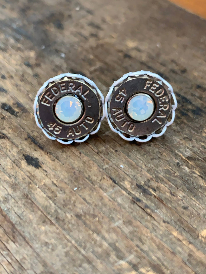 45 Auto Bullet Earrings with White Setting and Opal Crystals