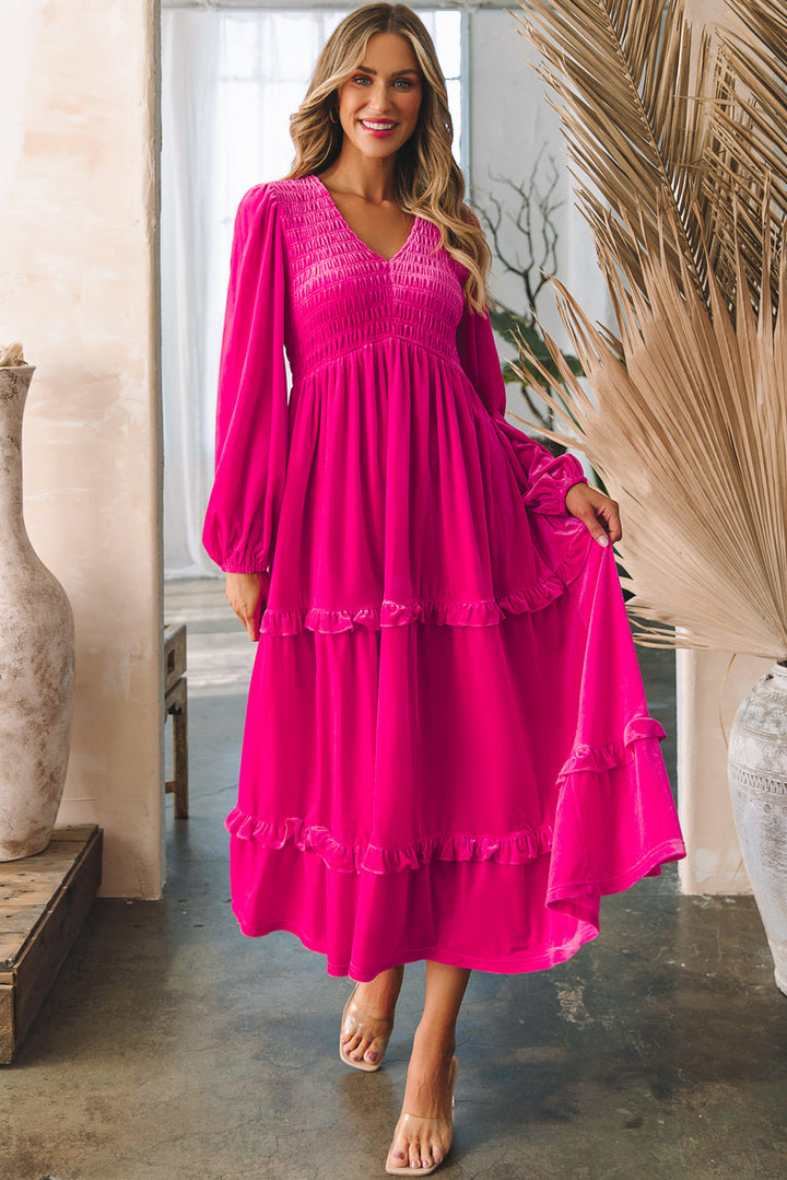 Maya Shirred V Neck Long Sleeve Velvet Dress