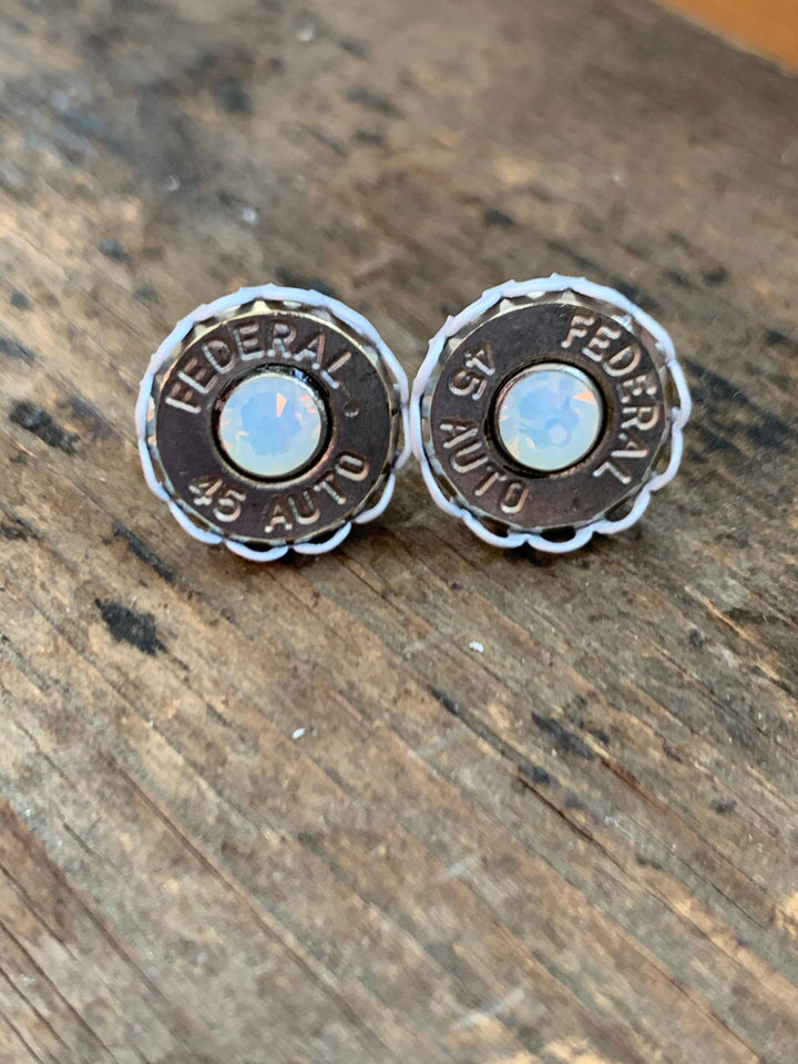 45 Auto Bullet Earrings with White Setting and Opal Crystals