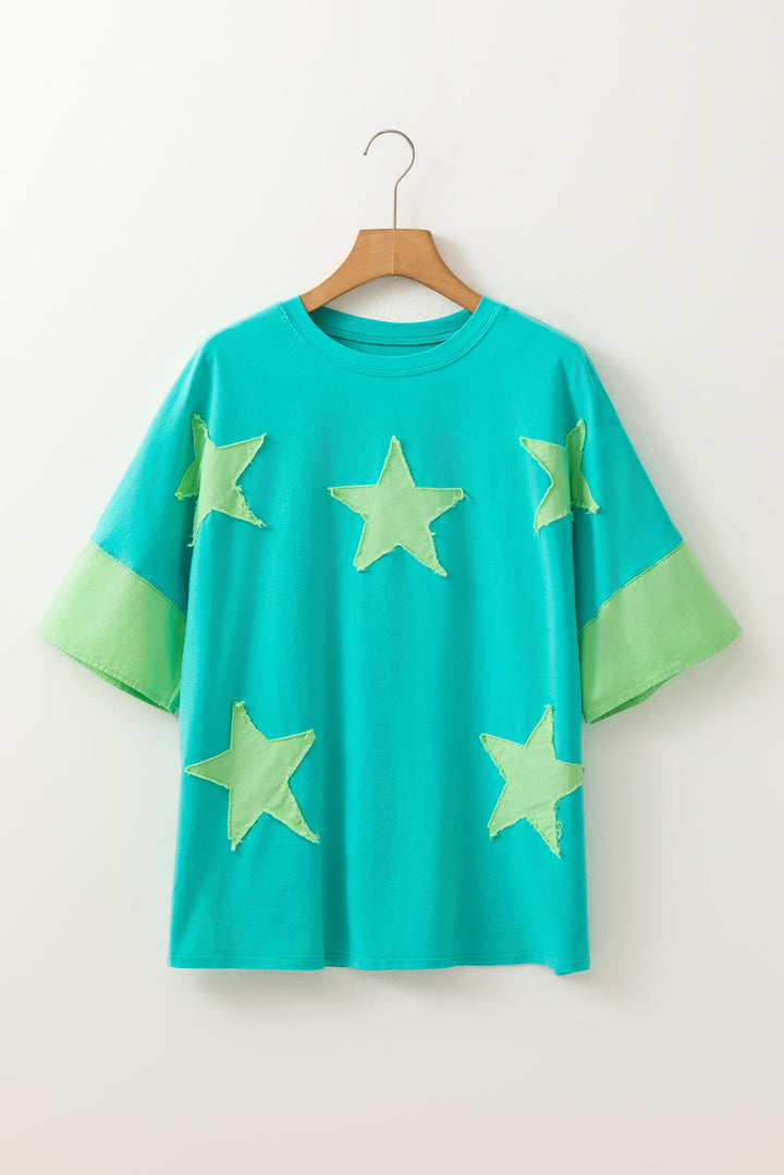 Etta Frayed Denim Star Patched Oversize Top