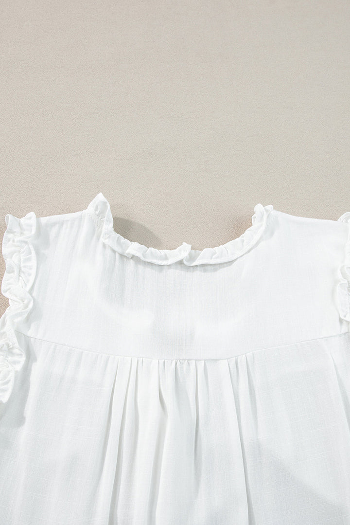 Savan Button Split Neck Ruffled Trim Tank Top