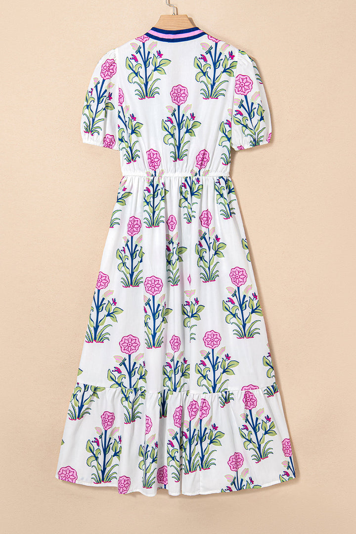 Julietta Floral Puff Short Sleeve V Neck High Waist Maxi Dress